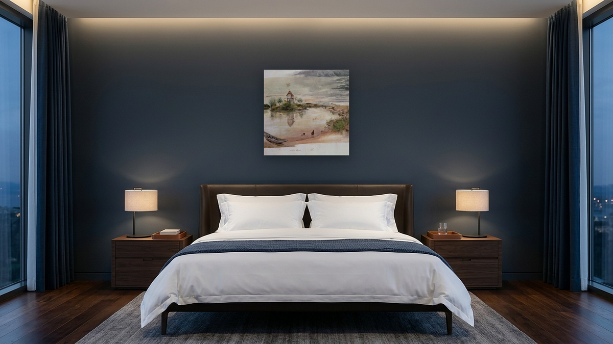Weierhaus (w/c) by Albrecht Dürer, shown at 32 × 32 in (81.3 × 81.3 cm) as gallery-wrapped canvas, hotel guest room