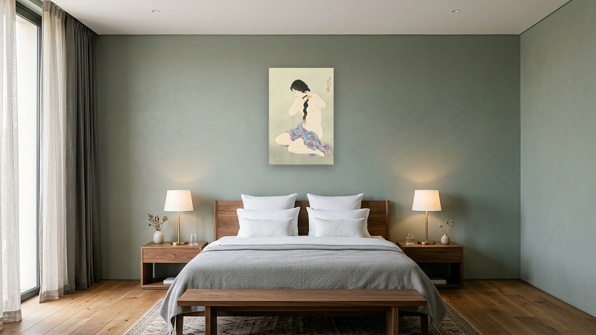 Combing the Hair (Kami-Suki) by Natori Shunsen, shown at 28 × 42 in (71.1 × 106.7 cm) as gallery-wrapped canvas, hotel guest room