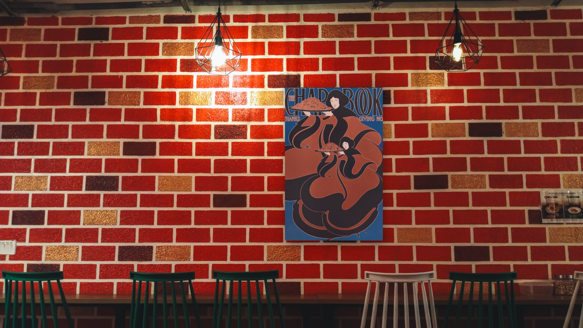 The Chapbook, Thanksgiving by William H. Bradley, shown at 28 × 42 in (71.1 × 106.7 cm) as gallery-wrapped canvas, restaurant