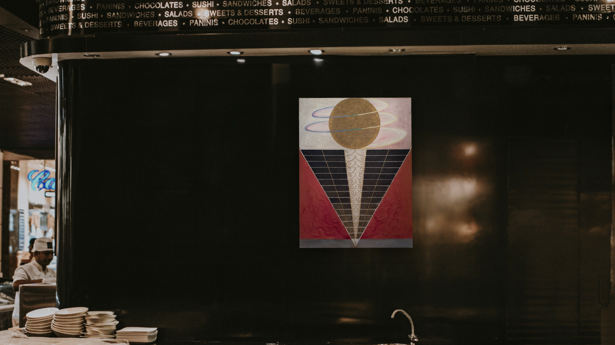 Group X, No. 2, Altarpiece by Hilma af Klint, shown at 30 × 40 in (76.2 × 101.6 cm) as gallery-wrapped canvas, restaurant