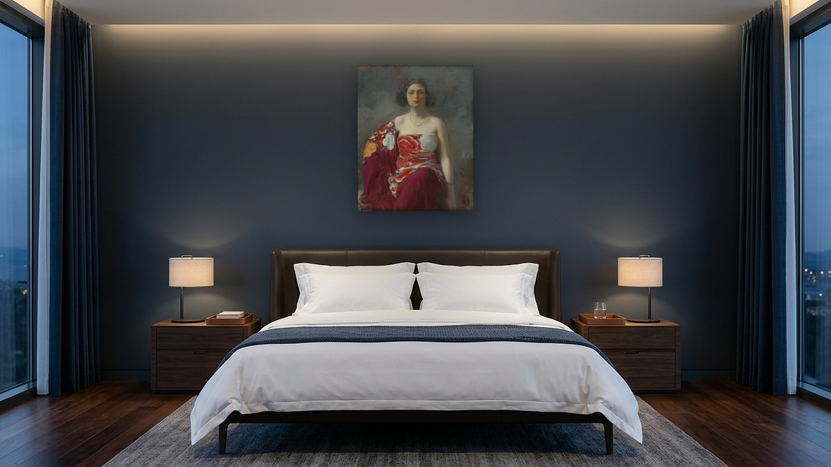 La Trini by Ramón Casas, shown at 32 × 40 in (81.3 × 101.6 cm) as gallery-wrapped canvas, hotel guest room