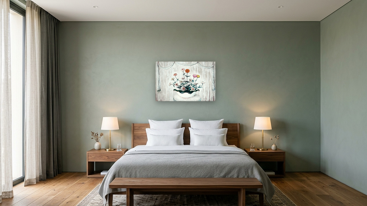 Zinnias by Florine Stettheimer, shown at 28 × 42 in (71.1 × 106.7 cm) as gallery-wrapped canvas, hotel guest room
