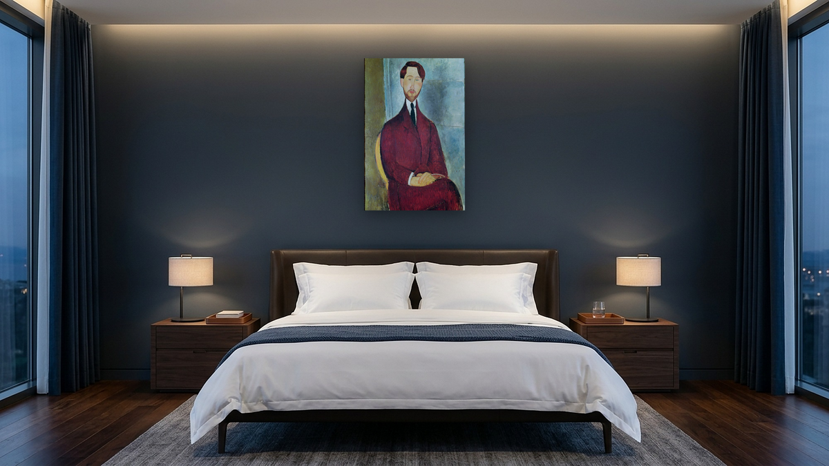 Léopold Zborowski by Amedeo Modigliani, shown at 28 × 42 in (71.1 × 106.7 cm) as gallery-wrapped canvas, hotel guest room