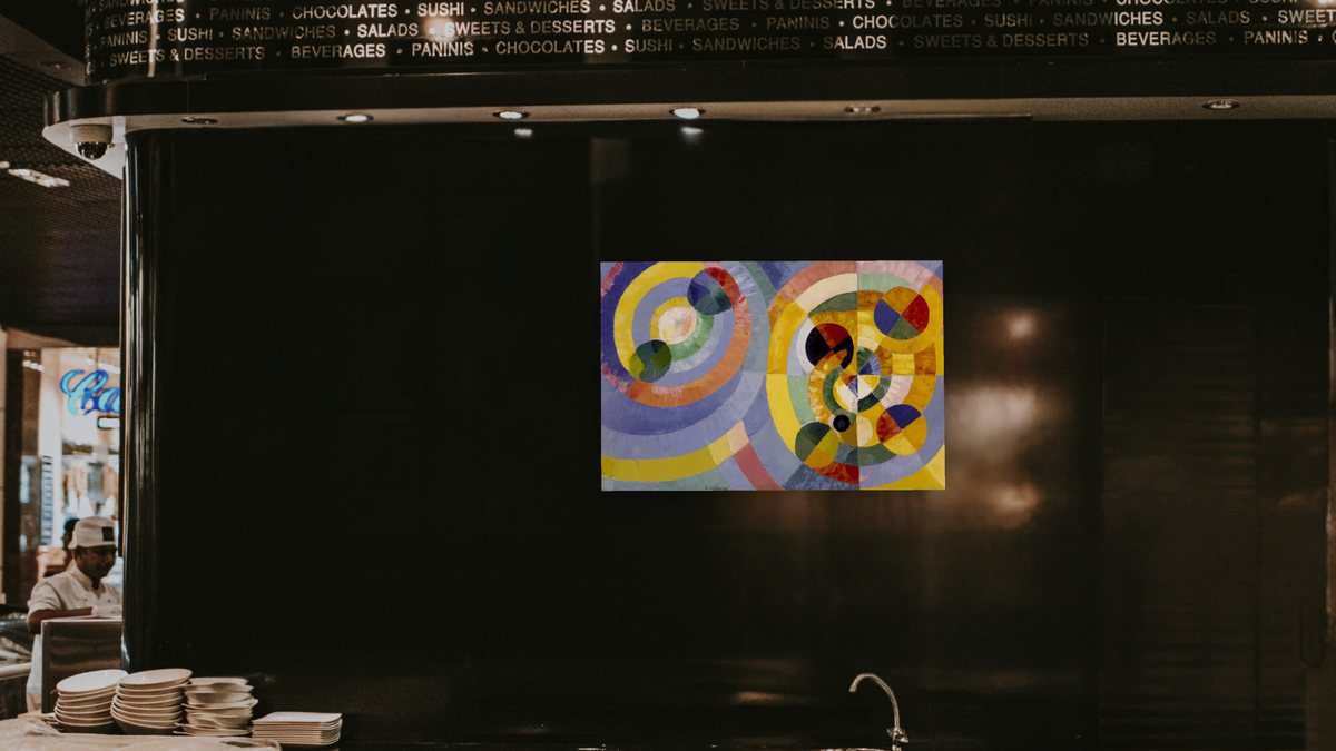Circular Forms (Formes circulaires) by Robert Delaunay, shown at 28 × 42 in (71.1 × 106.7 cm) as gallery-wrapped canvas, restaurant