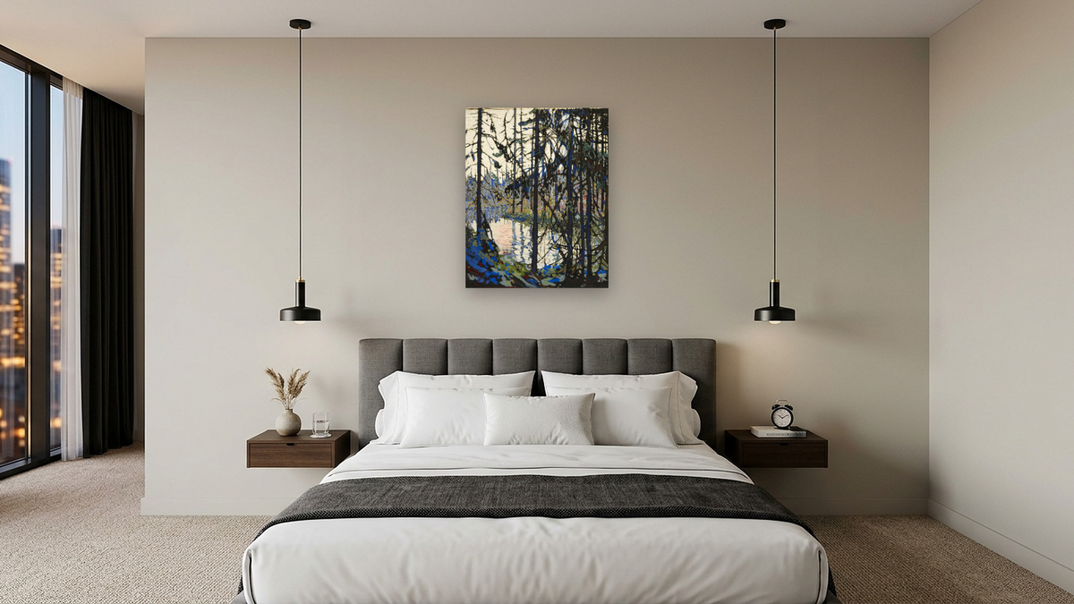 Study for "Northern River" by Tom Thomson, shown at 32 × 40 in (81.3 × 101.6 cm) as gallery-wrapped canvas, hotel guest room
