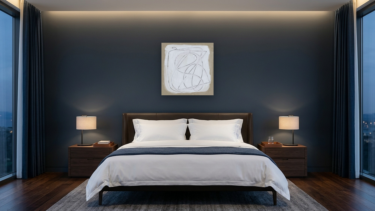 Format by Dan Hobday, shown at 32 × 32 in (81.3 × 81.3 cm) as gallery-wrapped canvas, hotel guest room