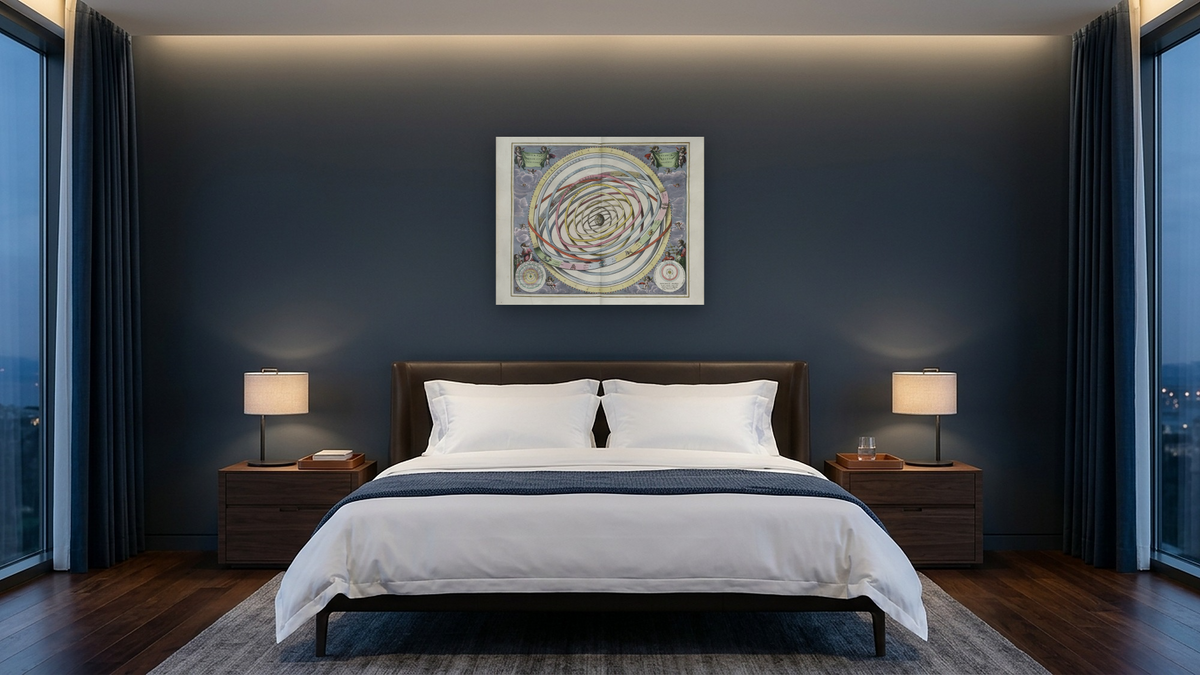 Plate 3 from Harmonia Macrocosmica by Andreas Cellarius, shown at 32 × 40 in (81.3 × 101.6 cm) as gallery-wrapped canvas, hotel guest room