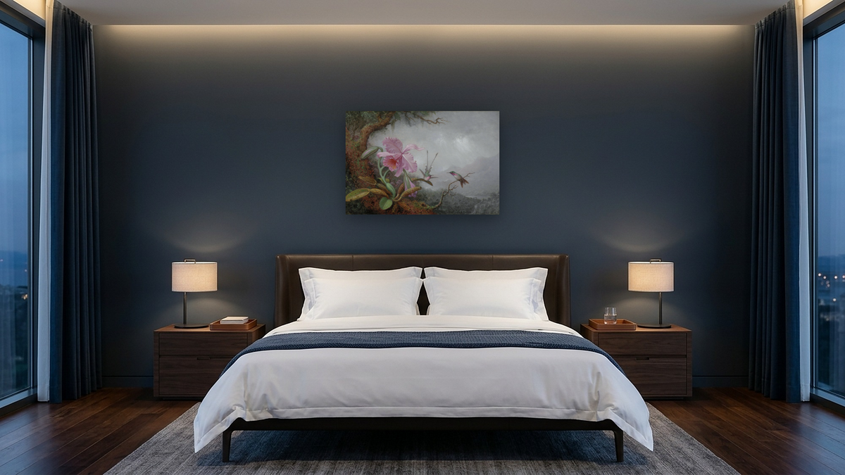 Hummingbirds and Orchids by Martin Johnson Heade, shown at 28 × 42 in (71.1 × 106.7 cm) as gallery-wrapped canvas, hotel guest room