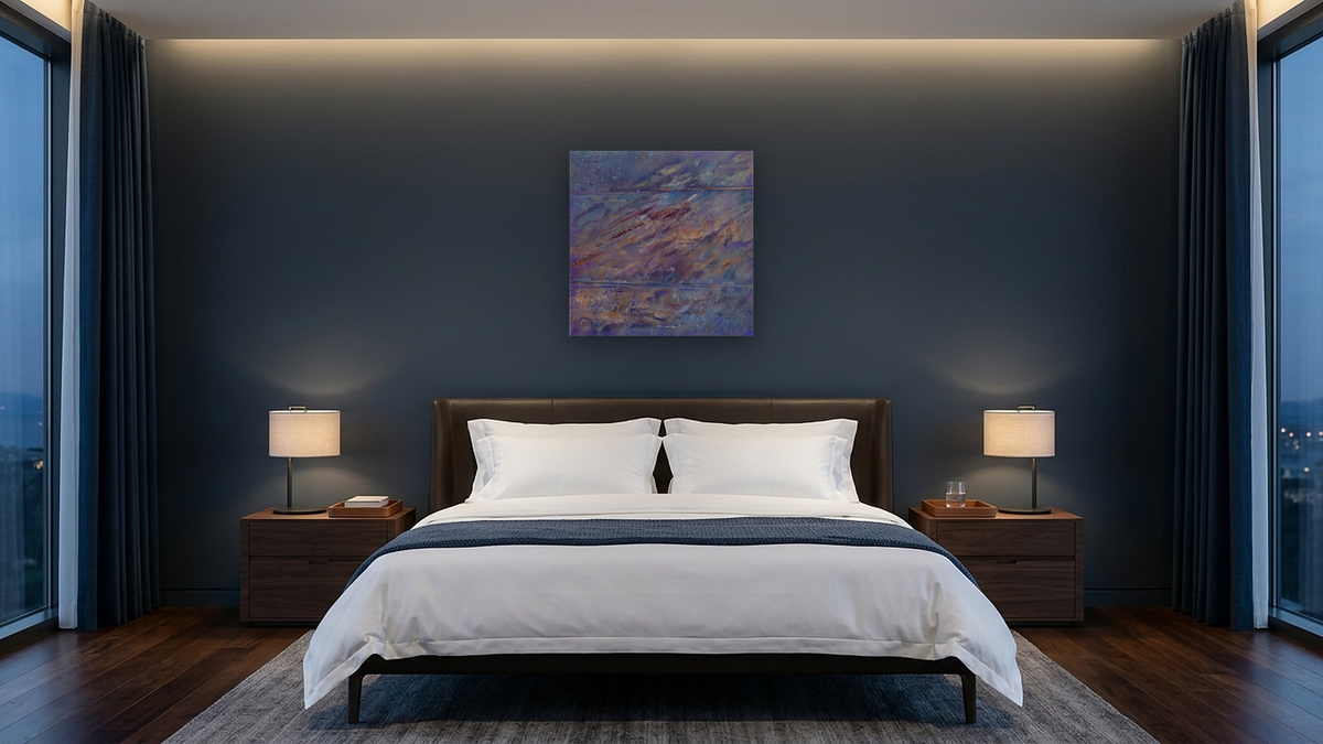 Kaleetan I by Kirsten Söderlind, shown at 32 × 32 in (81.3 × 81.3 cm) as gallery-wrapped canvas, hotel guest room