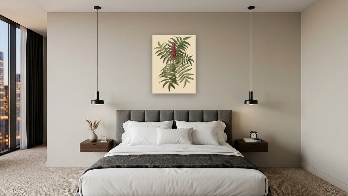 Rhus typhina by Johannes Simon Holtzbecher, shown at 30 × 40 in (76.2 × 101.6 cm) as gallery-wrapped canvas, hotel guest room