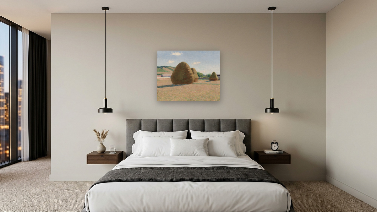 Studies of an Autumn Day by John Leslie Breck, shown at 32 × 40 in (81.3 × 101.6 cm) as gallery-wrapped canvas, hotel guest room