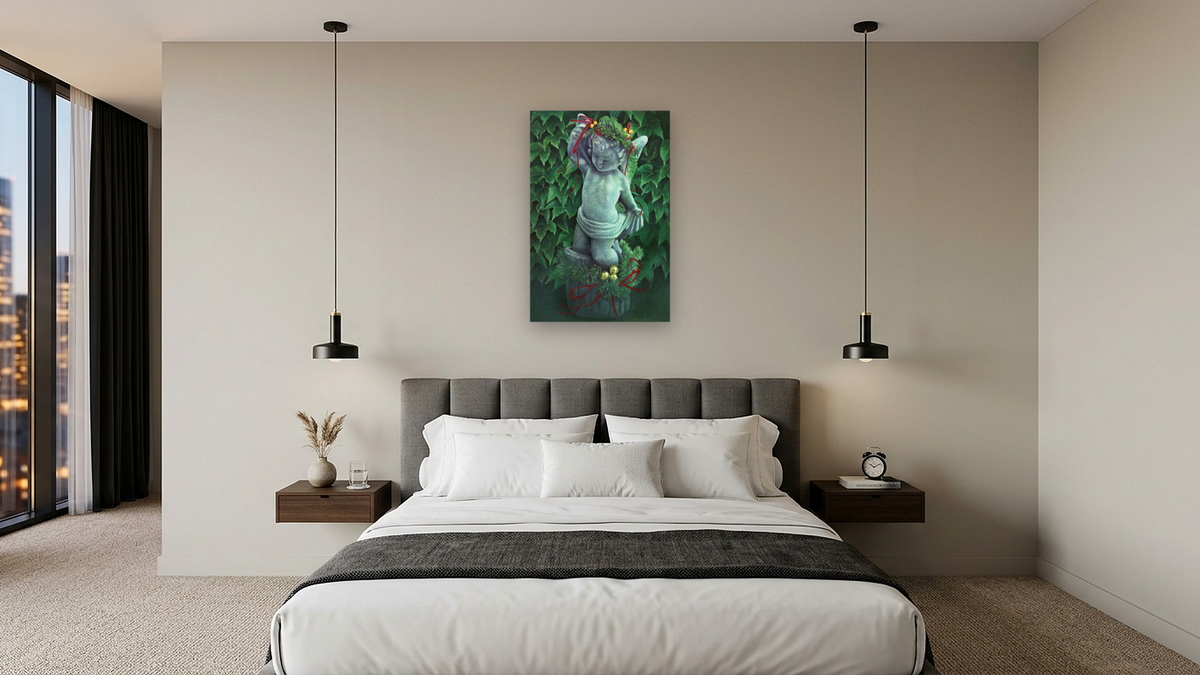 Cherub by Kirsten Söderlind, shown at 28 × 42 in (71.1 × 106.7 cm) as gallery-wrapped canvas, hotel guest room