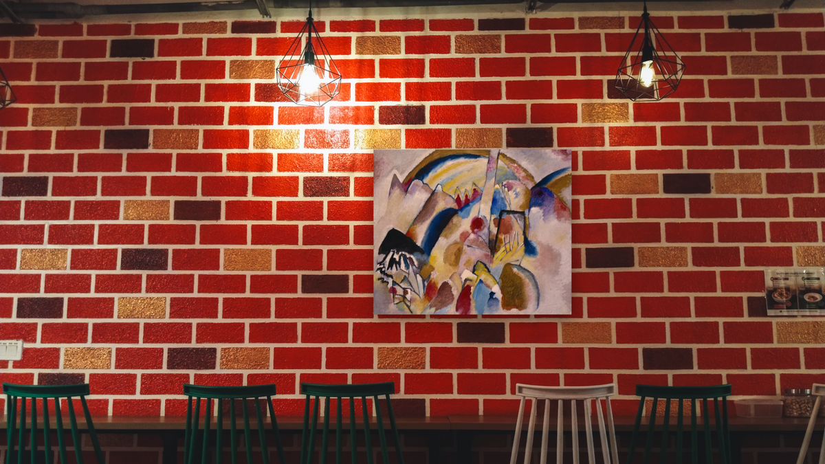 Landscape with Red Spots, No. 2, shown at 32 × 40 in (81.3 × 101.6 cm) as gallery-wrapped canvas, restaurant