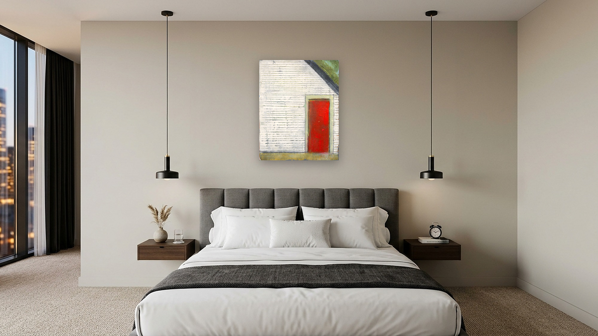 Red Door by Dobee Snowber, shown at 32 × 40 in (81.3 × 101.6 cm) as gallery-wrapped canvas, hotel guest room