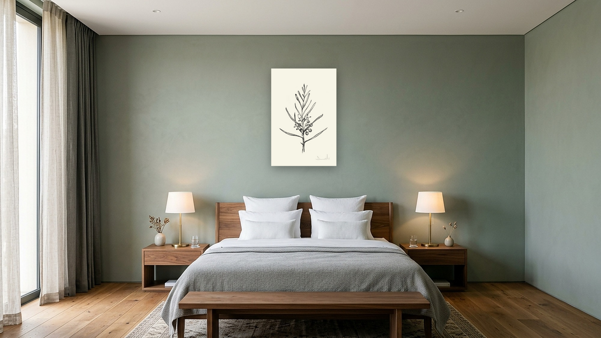 Blackwood Sapling by Dan Hobday, shown at 28 × 42 in (71.1 × 106.7 cm) as gallery-wrapped canvas, hotel guest room