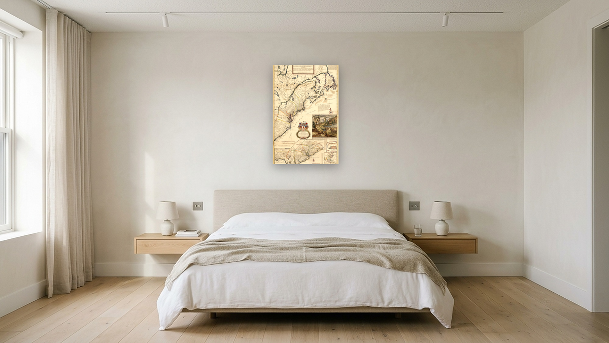 Exact map of the dominions of the King of Great Britain, shown at 28 × 42 in (71.1 × 106.7 cm) as gallery-wrapped canvas, hotel guest room