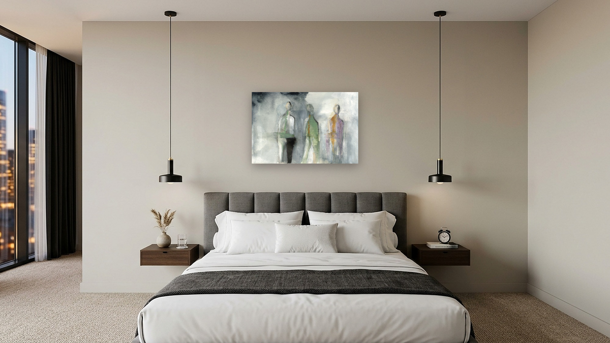 No. 307 by Michelle Oppenheimer, shown at 28 × 42 in (71.1 × 106.7 cm) as gallery-wrapped canvas, hotel guest room