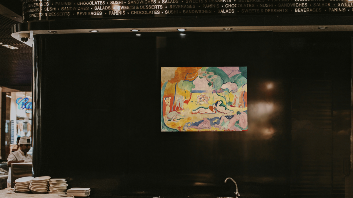 The Joy of Life (Le Bonheur de vivre) by Henri Matisse, shown at 30 × 40 in (76.2 × 101.6 cm) as gallery-wrapped canvas, restaurant