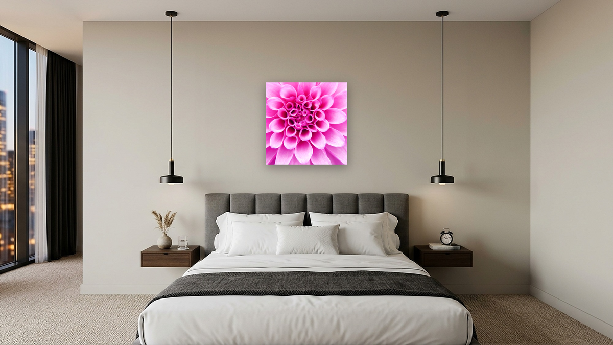 Dahlia Delight by Karen Ussery, shown at 32 × 32 in (81.3 × 81.3 cm) as gallery-wrapped canvas, hotel guest room