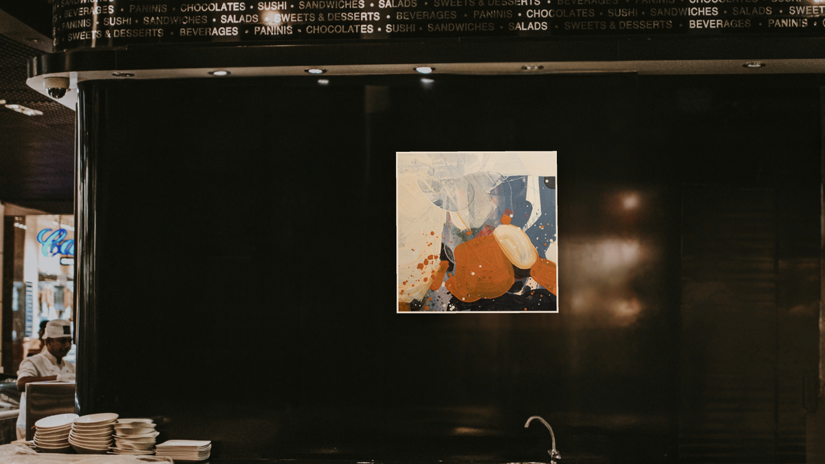 Snack 7 by Nino Yuniardi, shown at 32 × 32 in (81.3 × 81.3 cm) as gallery-wrapped canvas, restaurant