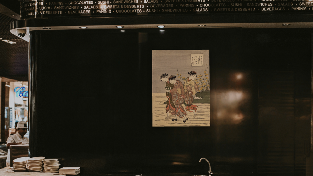 The Jewel River at Ide by Suzuki Harunobu, shown at 30 × 40 in (76.2 × 101.6 cm) as gallery-wrapped canvas, restaurant