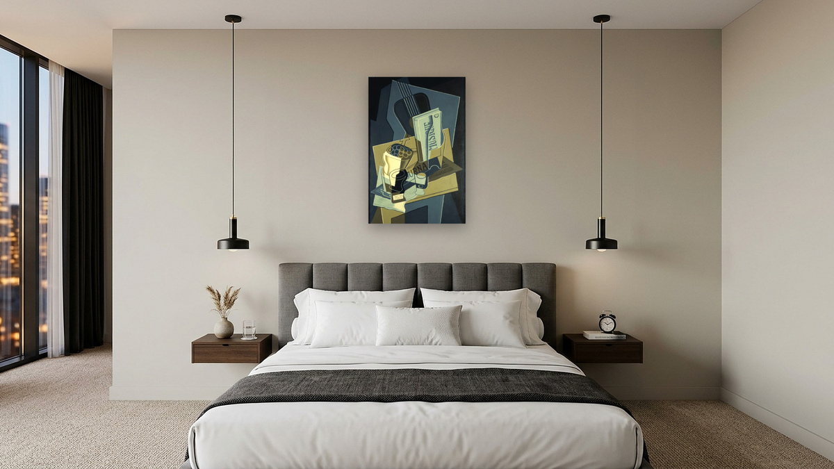 Music Book, 8127 by Juan Gris, shown at 28 × 42 in (71.1 × 106.7 cm) as gallery-wrapped canvas, hotel guest room
