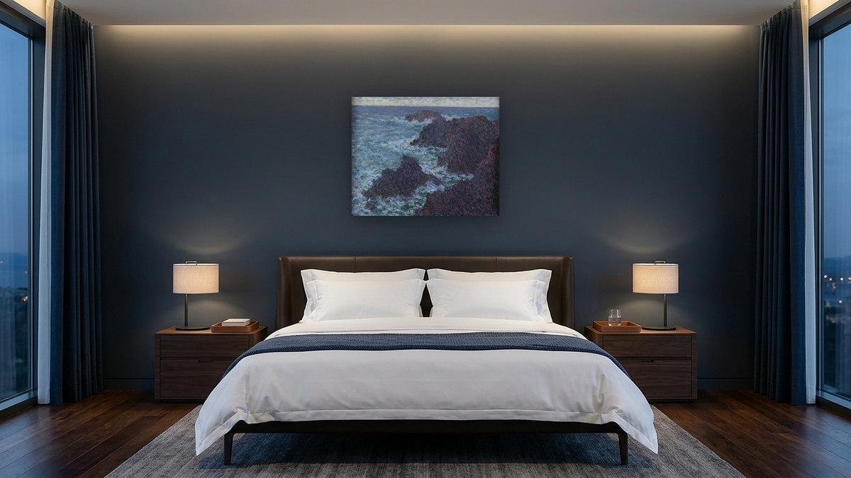 The Rocks at Belle Ile, the Wild Coast by Claude Monet, shown at 32 × 40 in (81.3 × 101.6 cm) as gallery-wrapped canvas, hotel guest room