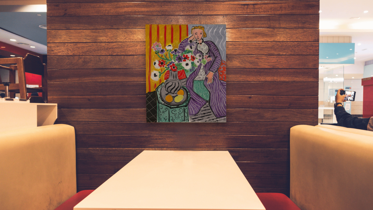 Purple Robe and Anemones by Henri Matisse, shown at 32 × 40 in (81.3 × 101.6 cm) as gallery-wrapped canvas, restaurant