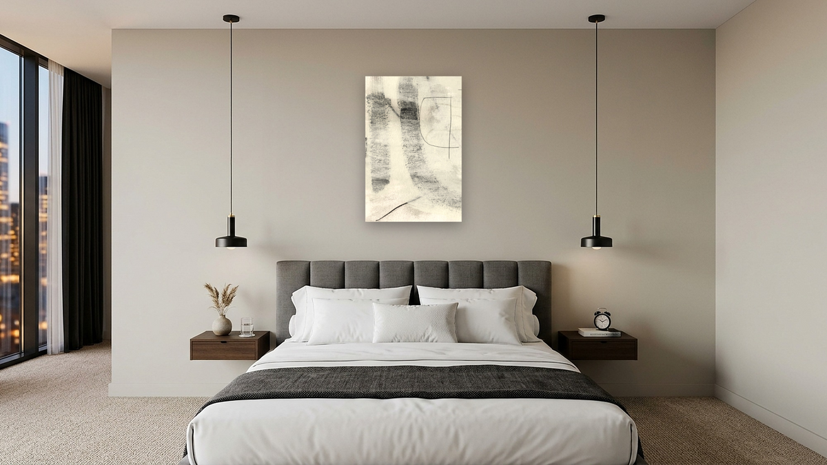 Real 1 by Dan Hobday, shown at 28 × 42 in (71.1 × 106.7 cm) as gallery-wrapped canvas, hotel guest room