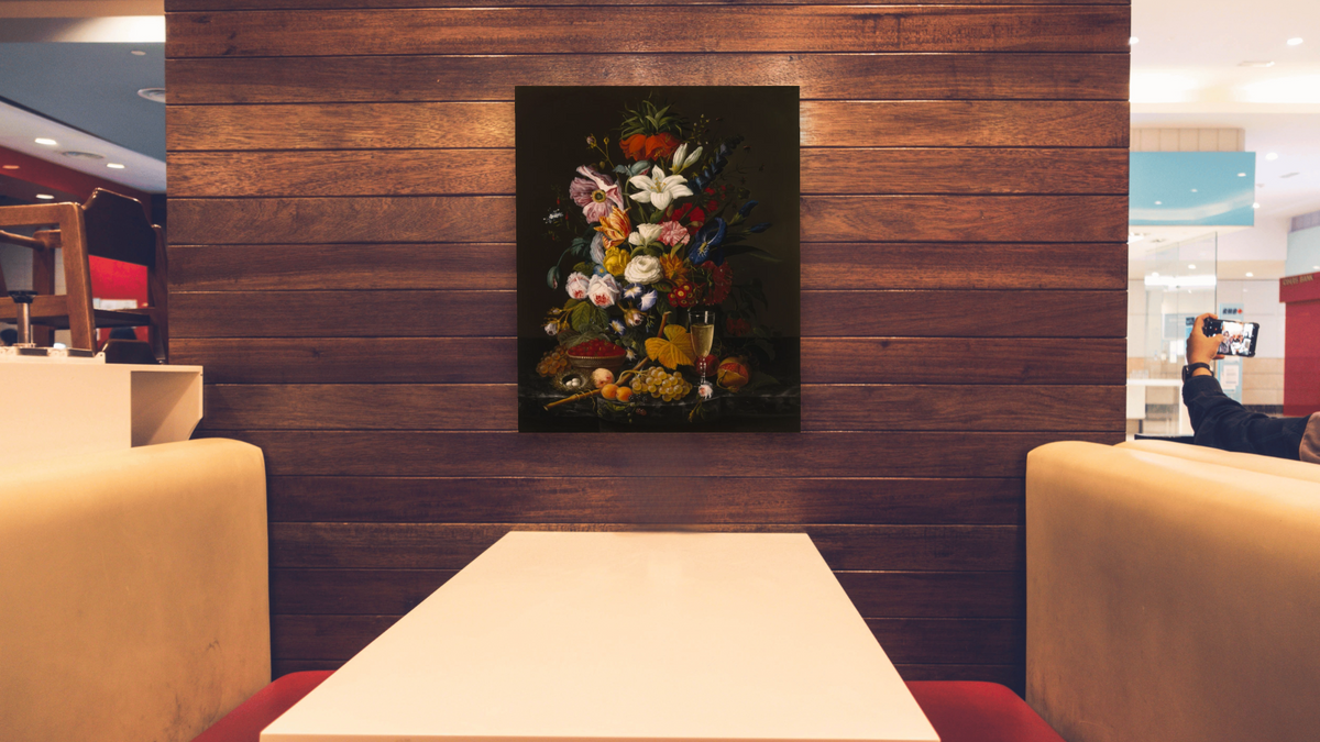 Victorian Bouquet by Severin Roesen, shown at 32 × 40 in (81.3 × 101.6 cm) as gallery-wrapped canvas, restaurant