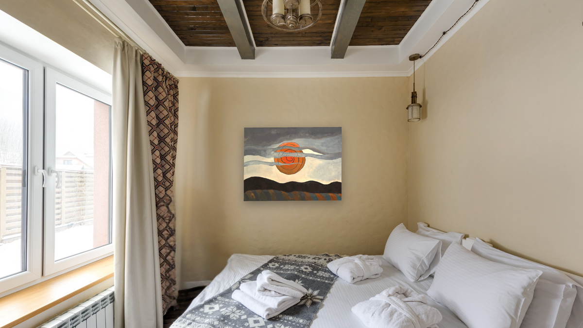 Red Sun by Arthur G. Dove, shown at 30 × 40 in (76.2 × 101.6 cm) as gallery-wrapped canvas, hotel guest room
