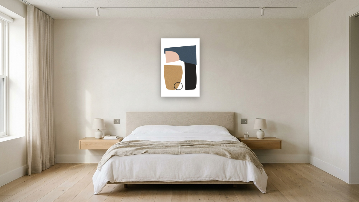 Bergen by Dan Hobday, shown at 28 × 42 in (71.1 × 106.7 cm) as gallery-wrapped canvas, hotel guest room