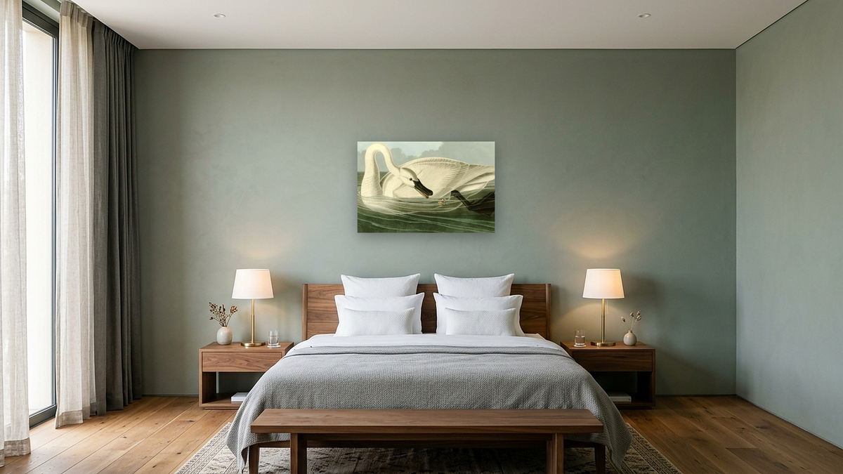 Trumpeter Swan by John James Audubon, shown at 28 × 42 in (71.1 × 106.7 cm) as gallery-wrapped canvas, hotel guest room