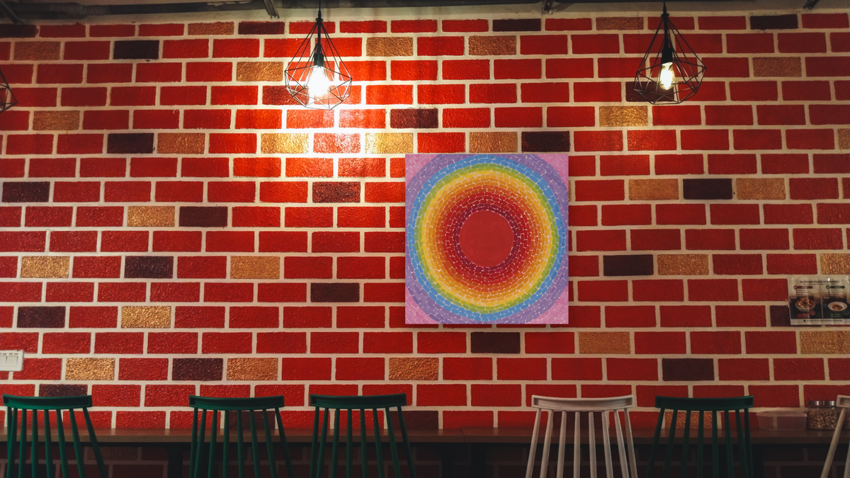 A Fantastic Sunset by Alma Thomas, shown at 32 × 32 in (81.3 × 81.3 cm) as gallery-wrapped canvas, restaurant