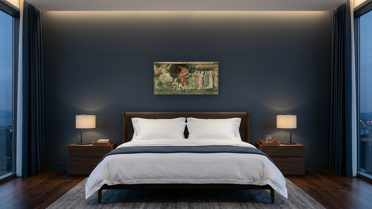 Passing of Venus by Edward Burne-Jones, shown at 20 × 40 in (50.8 × 101.6 cm) as gallery-wrapped canvas, hotel guest room