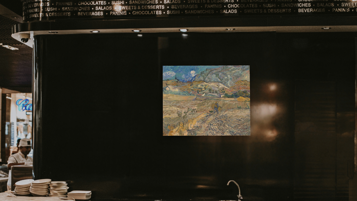 Enclosed Wheat Field with Peasant by Vincent van Gogh, shown at 32 × 40 in (81.3 × 101.6 cm) as gallery-wrapped canvas, restaurant