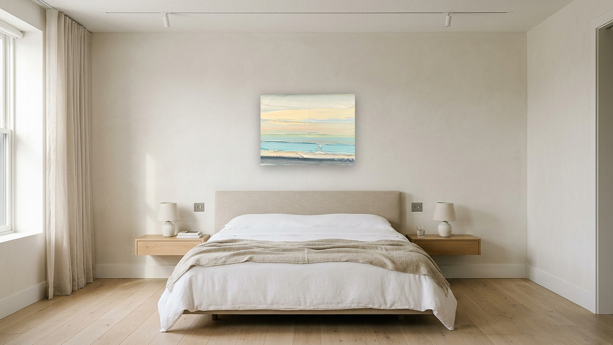Seascape by Roger Mühl, shown at 30 × 40 in (76.2 × 101.6 cm) as gallery-wrapped canvas, hotel guest room