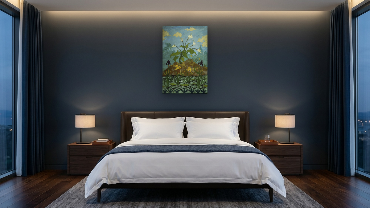 Lilies, Purple and Yellow Irises by Paul Elie Ranson, shown at 28 × 42 in (71.1 × 106.7 cm) as gallery-wrapped canvas, hotel guest room