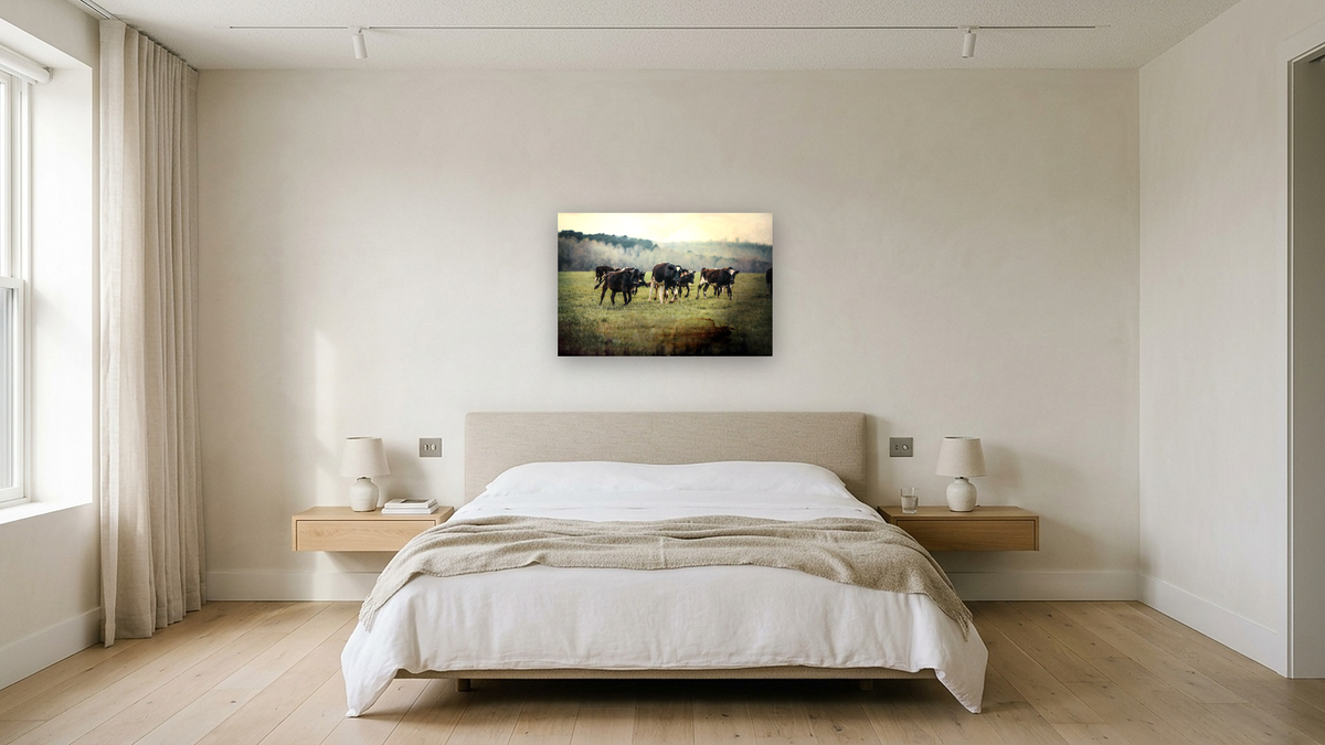 Greet ll by Brandon Luther, shown at 28 × 42 in (71.1 × 106.7 cm) as gallery-wrapped canvas, hotel guest room