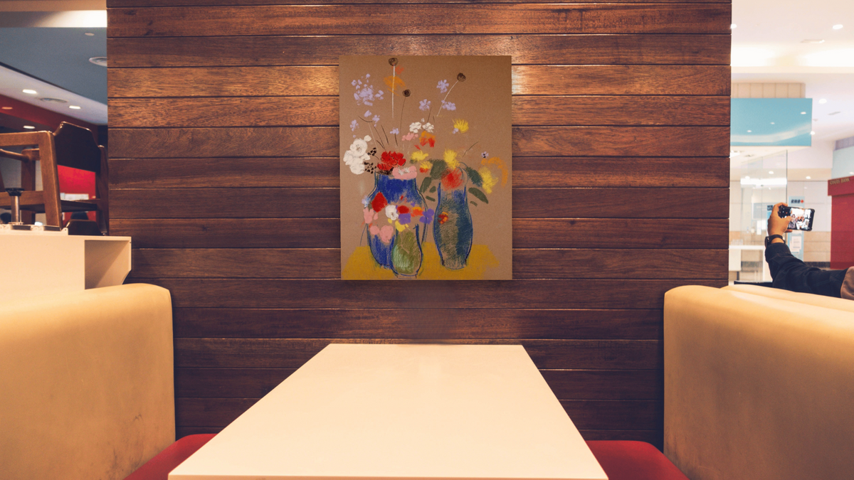 Three Vases of Flowers by Odilon Redon, shown at 30 × 40 in (76.2 × 101.6 cm) as gallery-wrapped canvas, restaurant