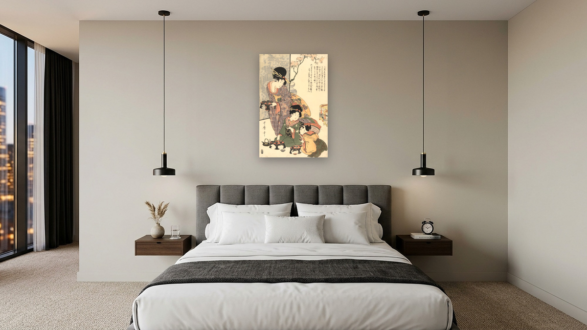 Girl's festival (hinamatsuri) by Kitagawa Utamaro, shown at 28 × 42 in (71.1 × 106.7 cm) as gallery-wrapped canvas, hotel guest room