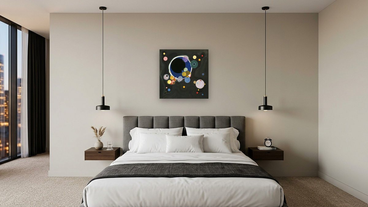 Several Circles (Einige Kreise), shown at 32 × 32 in (81.3 × 81.3 cm) as gallery-wrapped canvas, hotel guest room