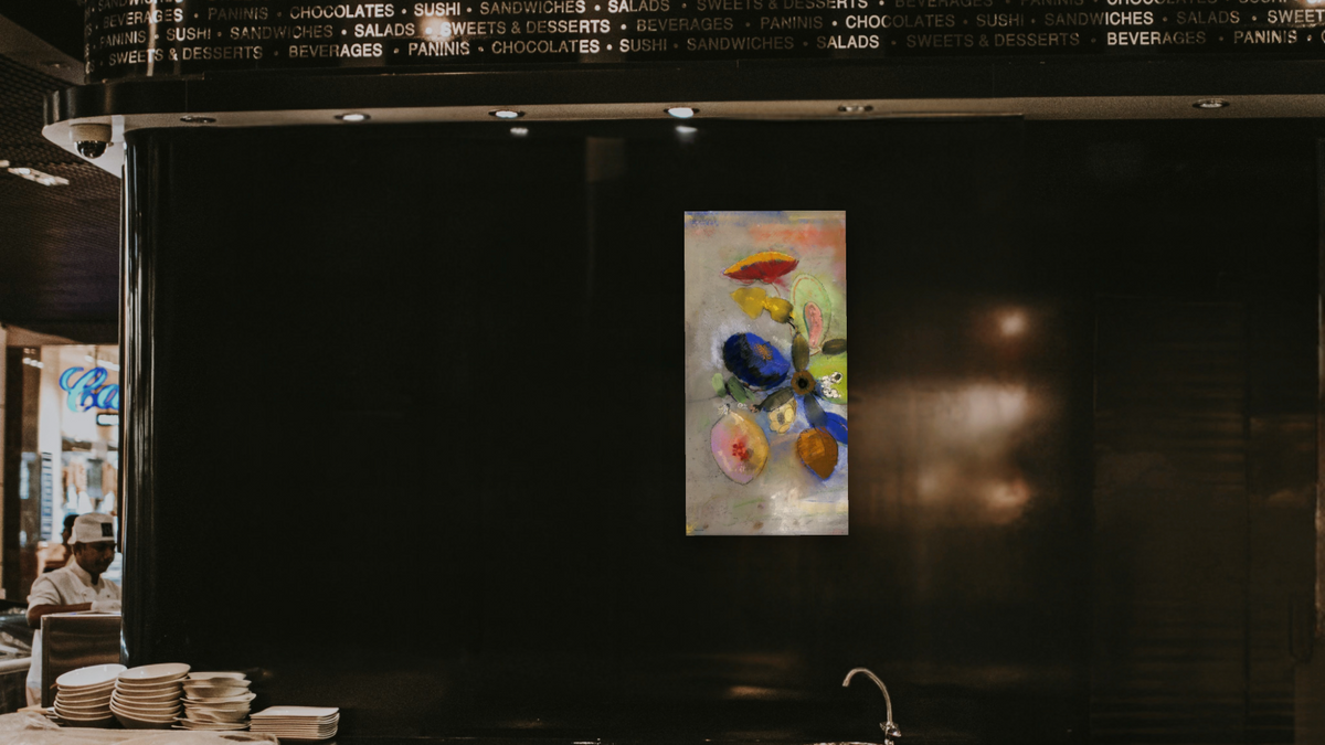 Flowers by Odilon Redon, shown at 20 × 40 in (50.8 × 101.6 cm) as gallery-wrapped canvas, restaurant