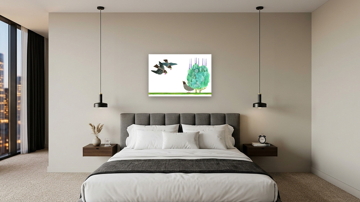 Tico and the Golden Wings by Leo Lionni, shown at 28 × 42 in (71.1 × 106.7 cm) as gallery-wrapped canvas, hotel guest room