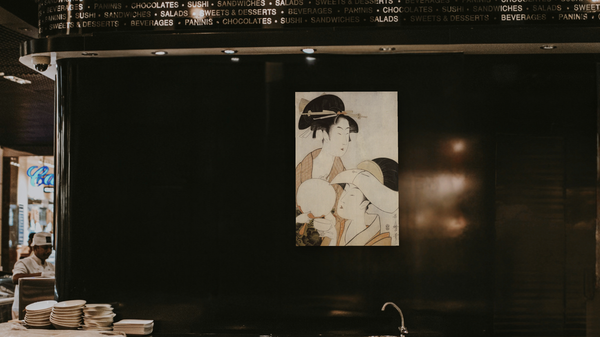 Two Beauties, One Holding a Teacup, the Other Fingering her Hairpin by Kitagawa Utamaro, shown at 28 × 42 in (71.1 × 106.7 cm) as gallery-wrapped canvas, restaurant