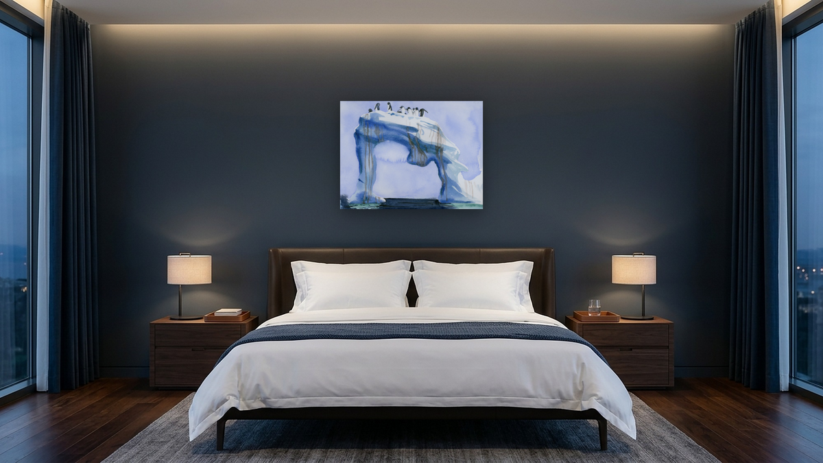 Untitled (Antarctica 4) by Alexis Rockman, shown at 30 × 40 in (76.2 × 101.6 cm) as gallery-wrapped canvas, hotel guest room