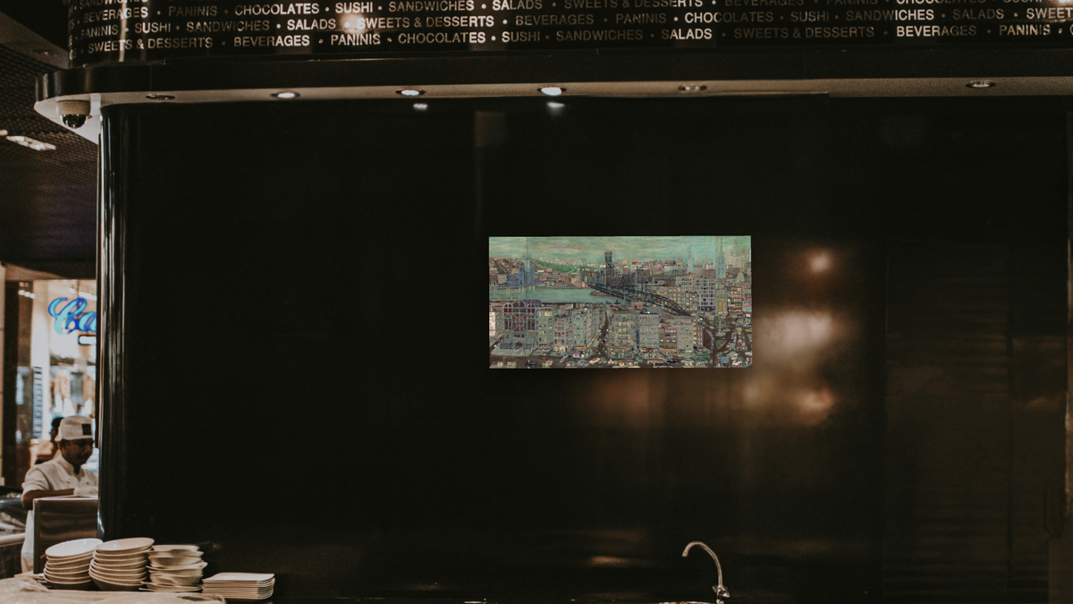 New York City by Ralph Fasanella, shown at 20 × 40 in (50.8 × 101.6 cm) as gallery-wrapped canvas, restaurant