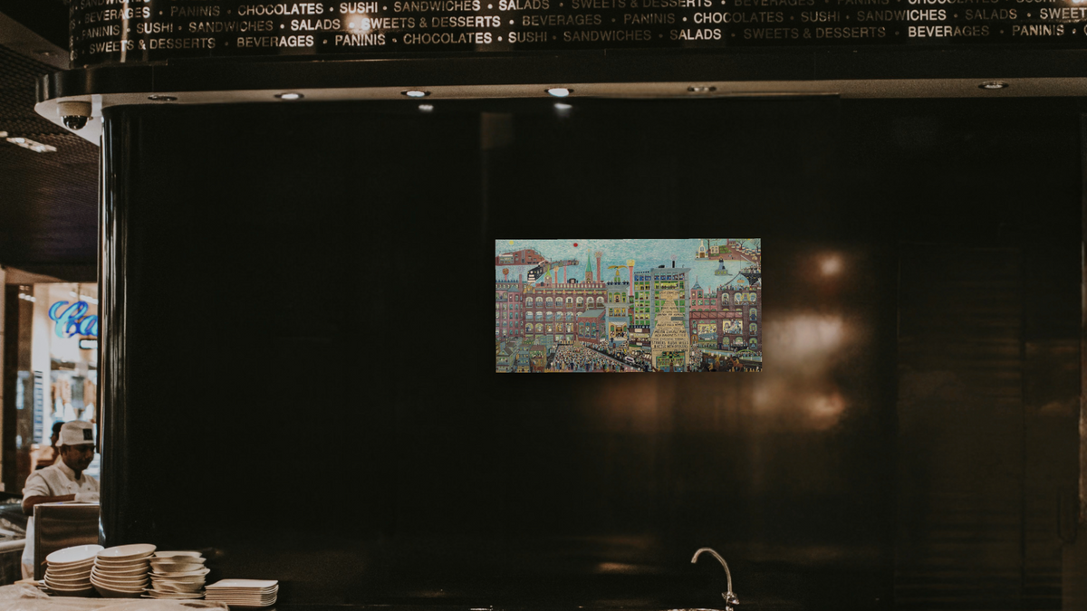 The Great Strike (IWW Textile Strike) by Ralph Fasanella, shown at 20 × 40 in (50.8 × 101.6 cm) as gallery-wrapped canvas, restaurant