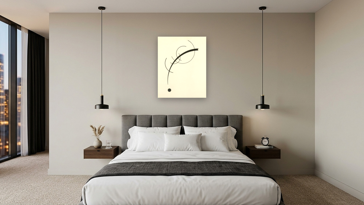 Free Curve to the Point - Accompanying Sound of Geometric Curves, shown at 32 × 40 in (81.3 × 101.6 cm) as gallery-wrapped canvas, hotel guest room