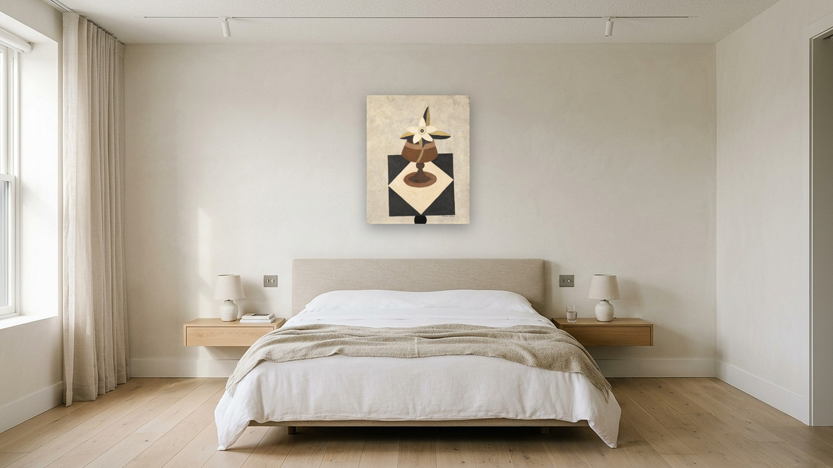 Flowerpiece by Marsden Hartley, shown at 32 × 40 in (81.3 × 101.6 cm) as gallery-wrapped canvas, hotel guest room